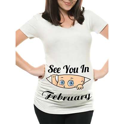 Mamas Bump _ Funny Pregnancy Announcement T-Shirt _ See You In February - White Colour