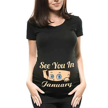 Mamas Bump _ Funny Pregnancy Announcement T-Shirt _ See You In January - Black Colour