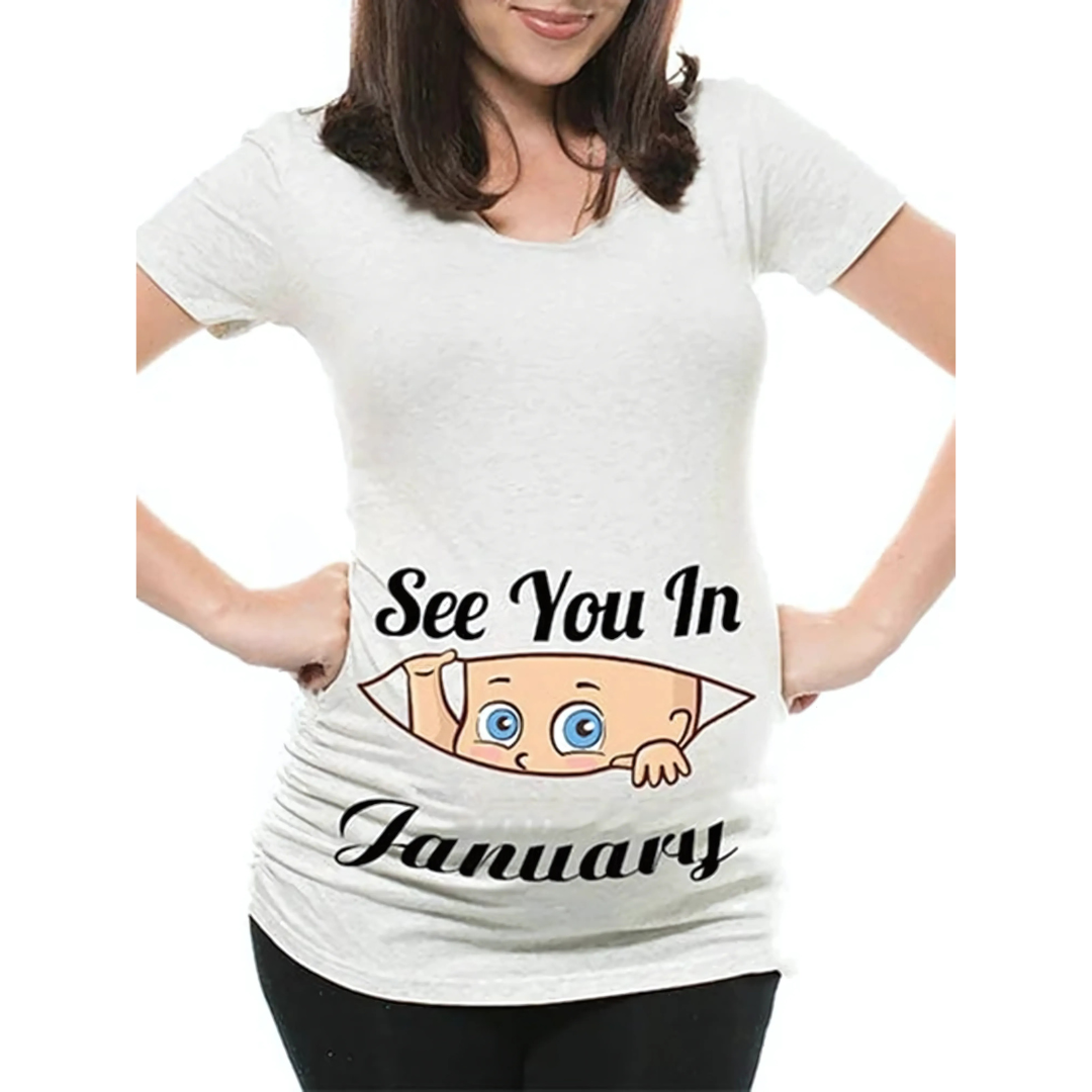 Mamas Bump _ Funny Pregnancy Announcement T-Shirt _ See You In January - White Colour
