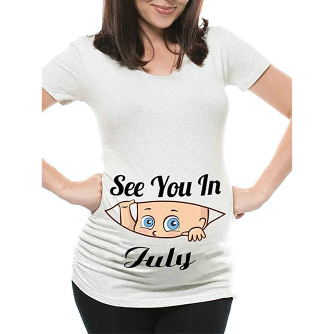 Mamas Bump _ Funny Pregnancy Announcement T-Shirt _ See You In July - White Colour