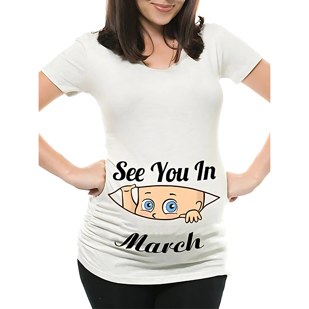 Mamas Bump _ Funny Pregnancy Announcement T-Shirt _ See You In March - White Colour