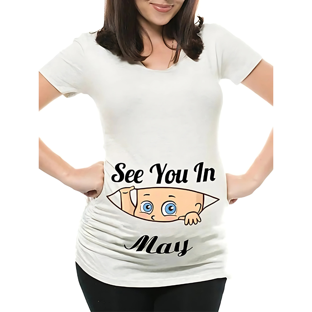 Mamas Bump _ Funny Pregnancy Announcement T-Shirt _ See You In May- White Colour