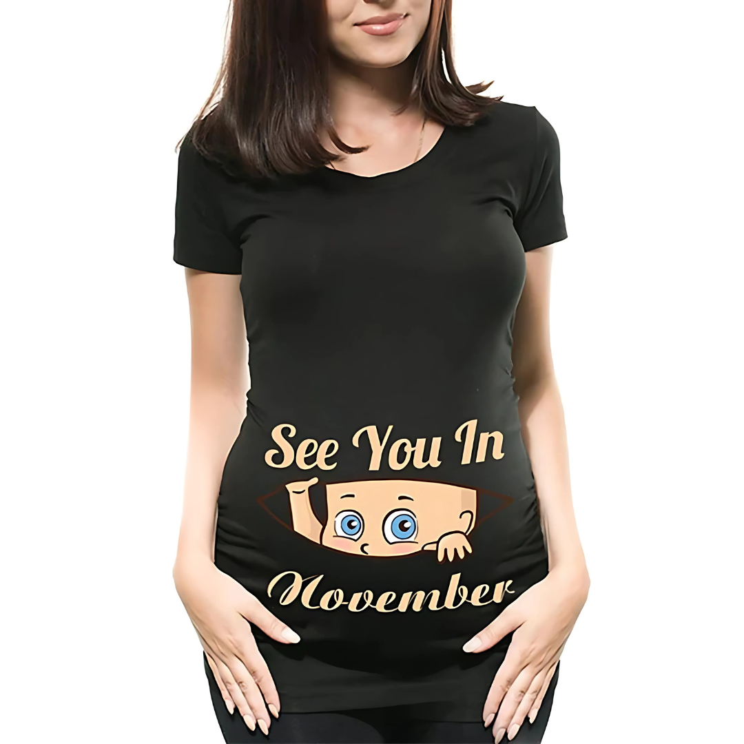Mamas Bump _ Funny Pregnancy Announcement T-Shirt _ See You In November - Black Colour