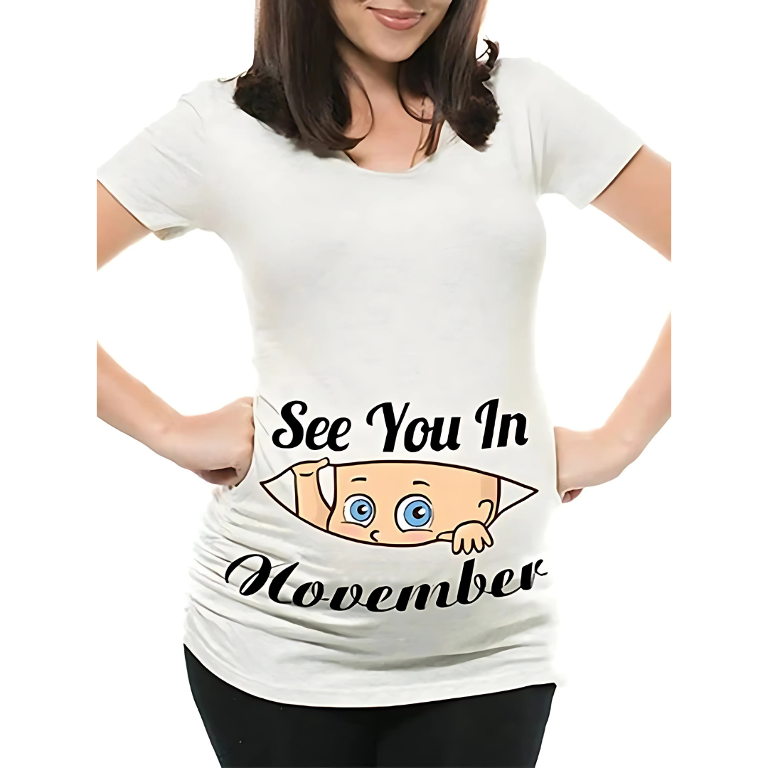 Mamas Bump _ Funny Pregnancy Announcement T-Shirt _ See You In November - White Colour