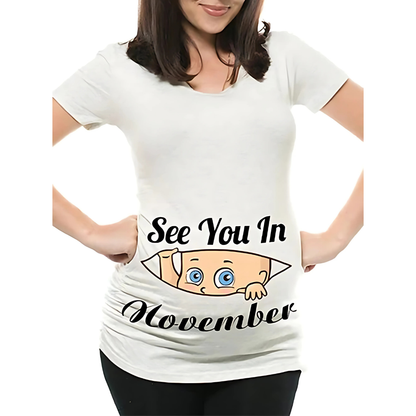 Mamas Bump _ Funny Pregnancy Announcement T-Shirt _ See You In November - White Colour