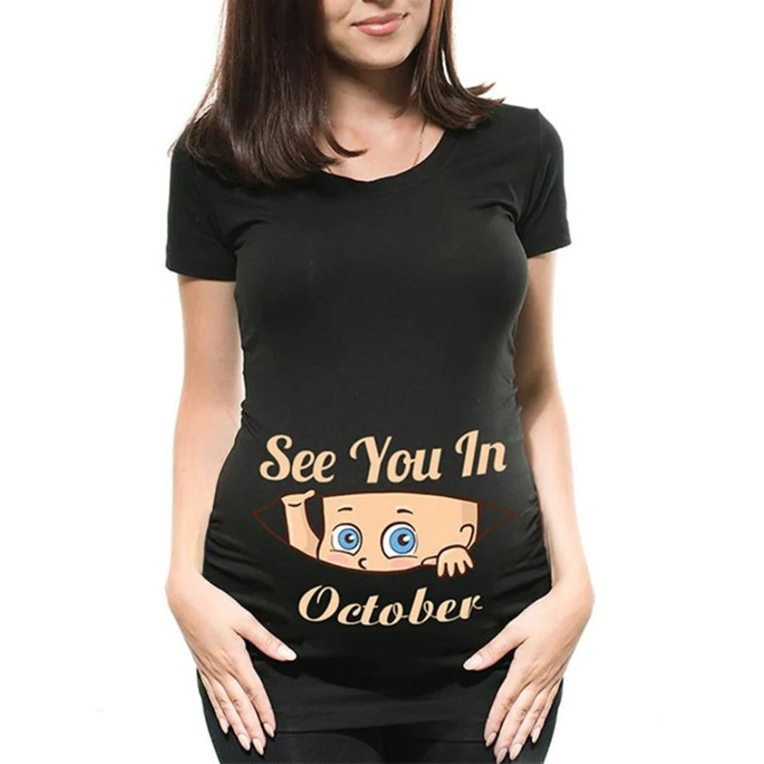 Mamas Bump _ Funny Pregnancy Announcement T-Shirt _ See You In October - Black Colour