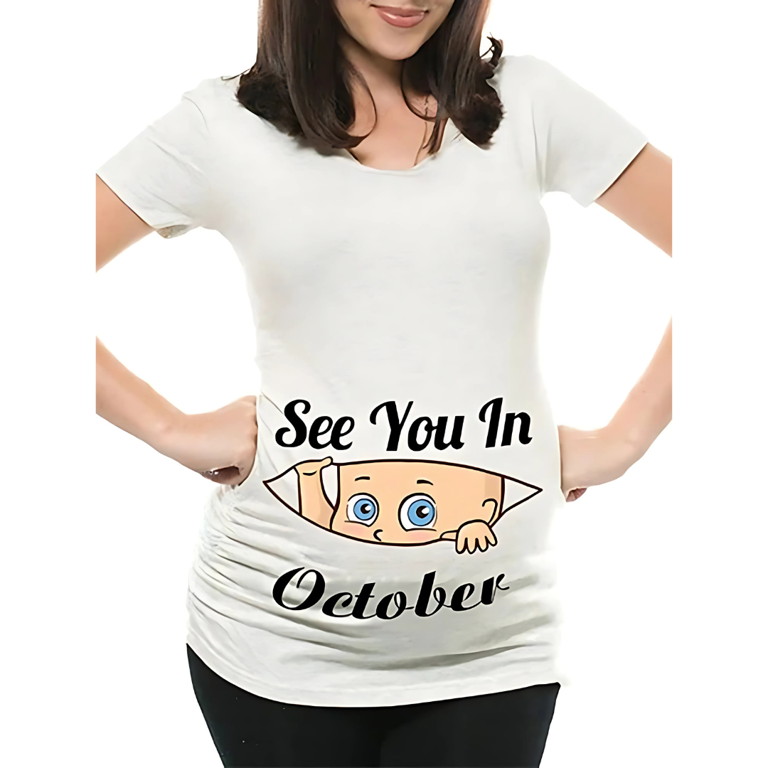 Mamas Bump _ Funny Pregnancy Announcement T-Shirt _ See You In October - White Colour