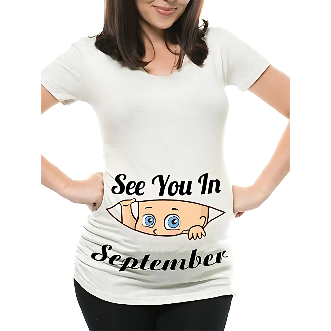 Mamas Bump _ Funny Pregnancy Announcement T-Shirt _ See You In Septmeber - White Colour