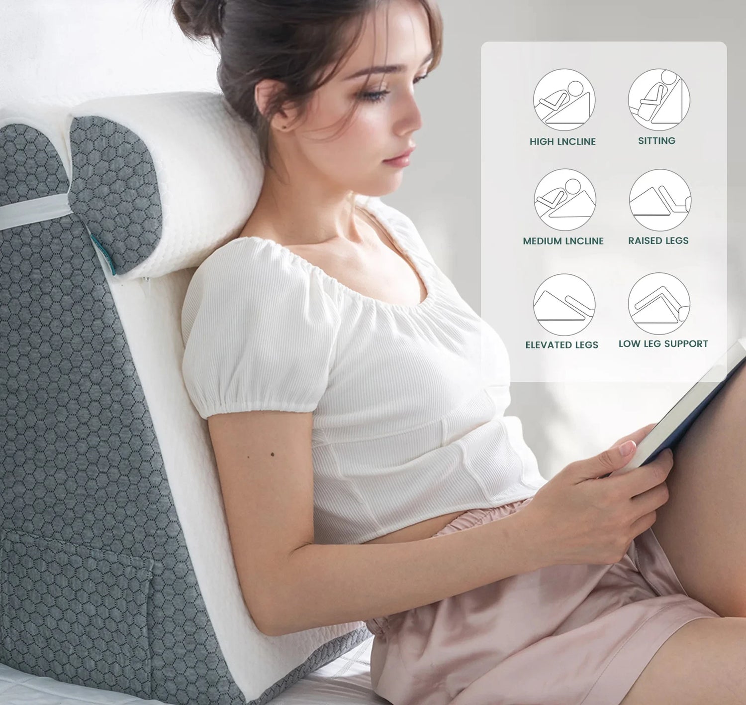 Memory foam wedge pillow being used for reading
