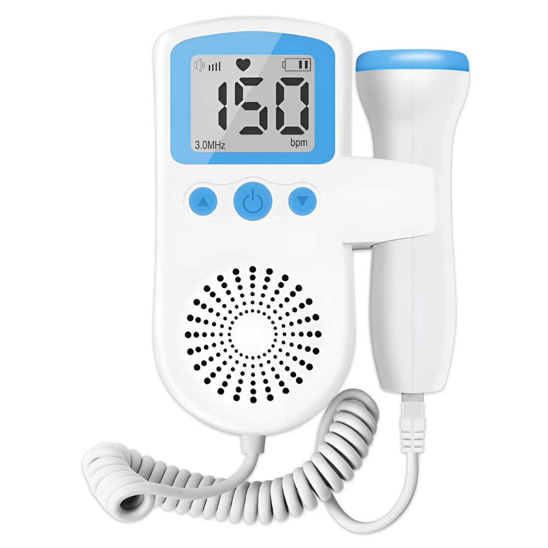 Fetal Doppler device with digital display on a white background