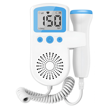 Fetal Doppler device with digital display on a white background