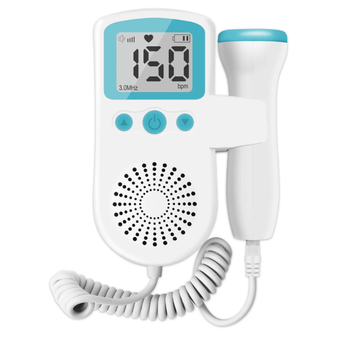 White and blue fetal heart monitor with digital display on a white background
