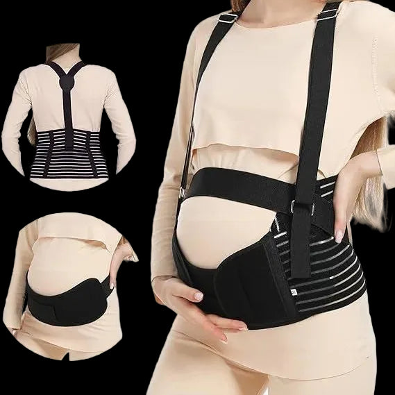 Pregnancy support belt worn by a model on a white background