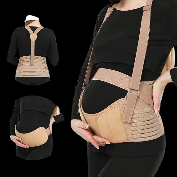 Pregnancy support belt worn by a person, shown from front, back, and side views.