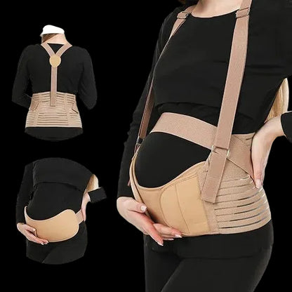 Pregnancy support belt worn by a person, shown from front, back, and side views.