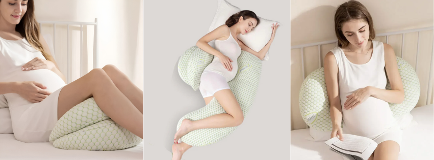 Pregnant woman using a maternity pillow