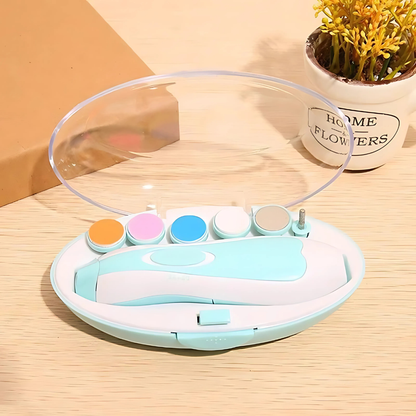 Colorful electronic device on a wooden surface with a plant in the background