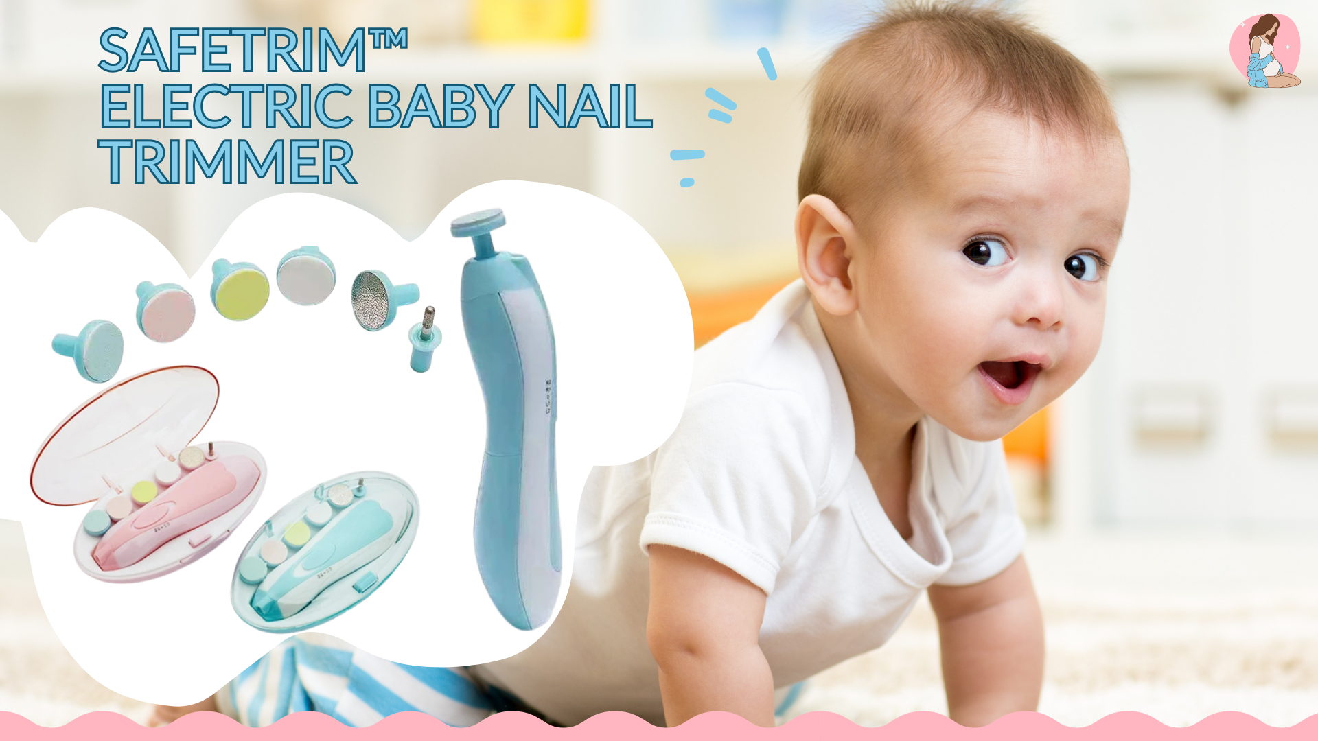 Electric baby nail trimmer with a baby model on a colorful background