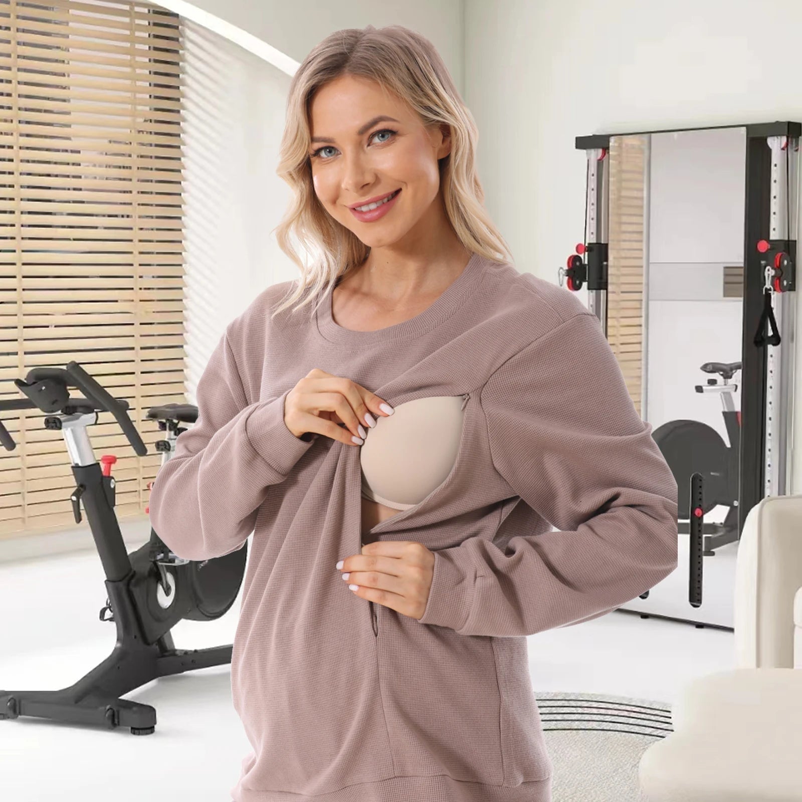 Waffle Textured Maternity Hoodie - Brown