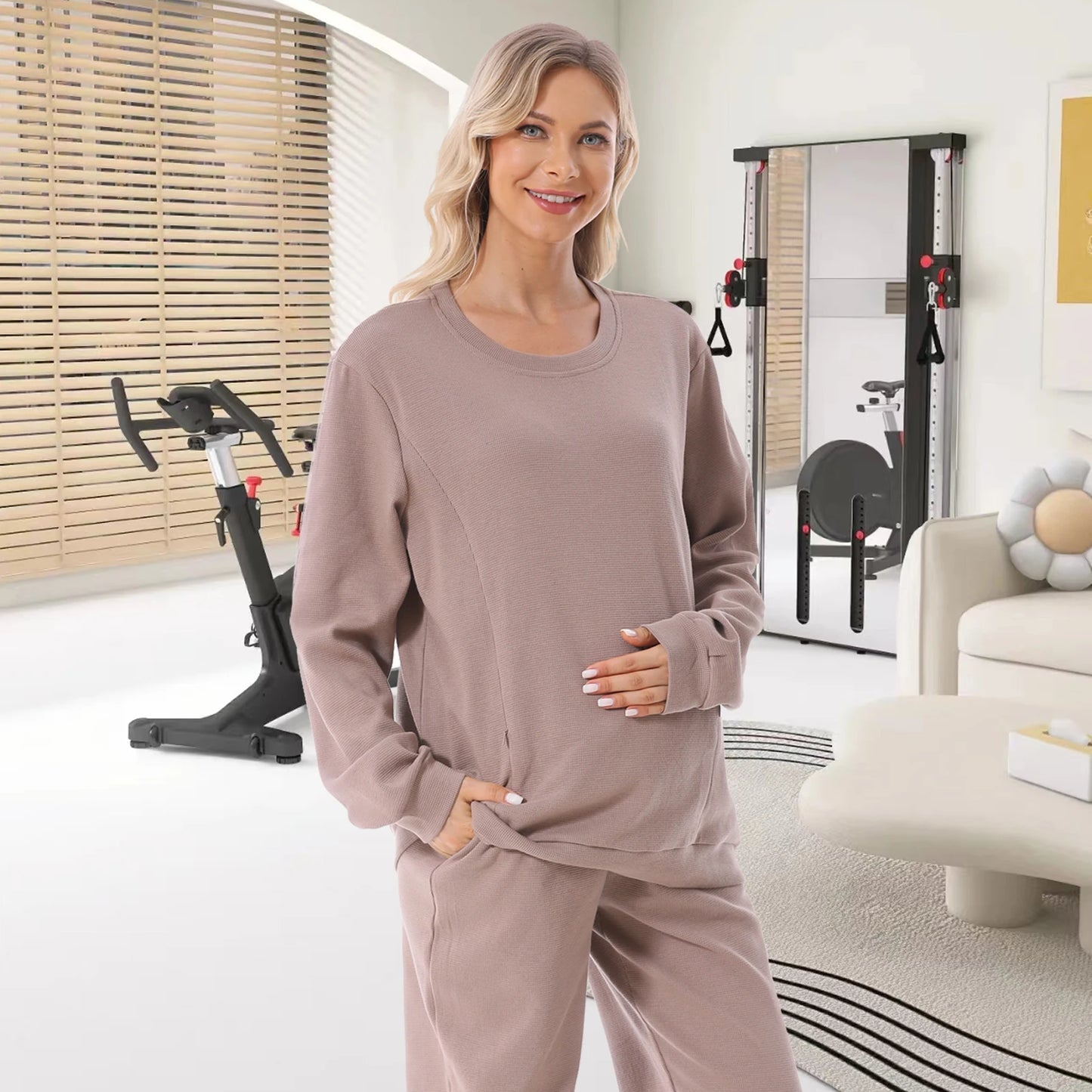 Waffle Textured Maternity Hoodie - White Colour, Brown