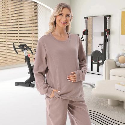 Waffle Textured Maternity Hoodie - White Colour, Brown