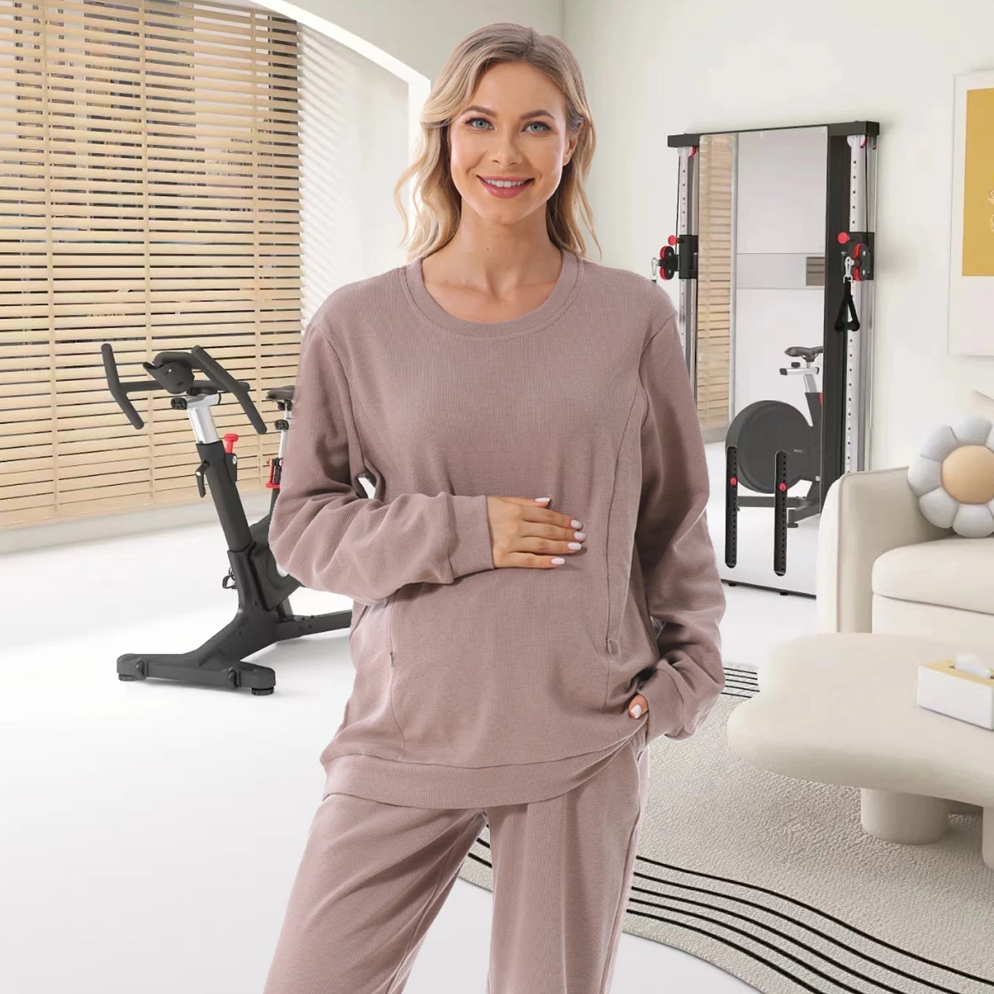 Waffle Textured Maternity Hoodie - White Colour, Brown Colour