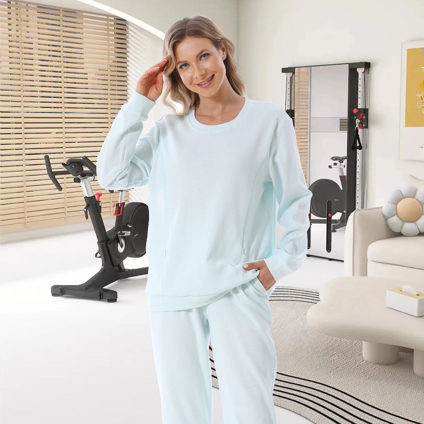 Waffle Textured Maternity Hoodie - White Colour, Light Blue Colour