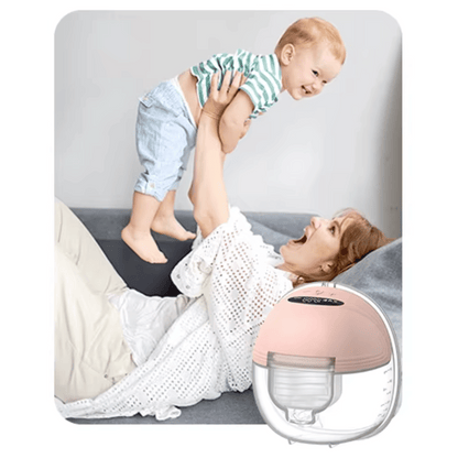 Wearable breast pump - mum holding her baby in the air