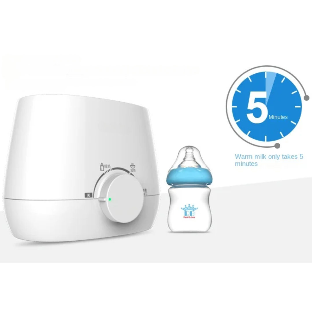 White baby bottle warmer with a blue baby bottle on a white background