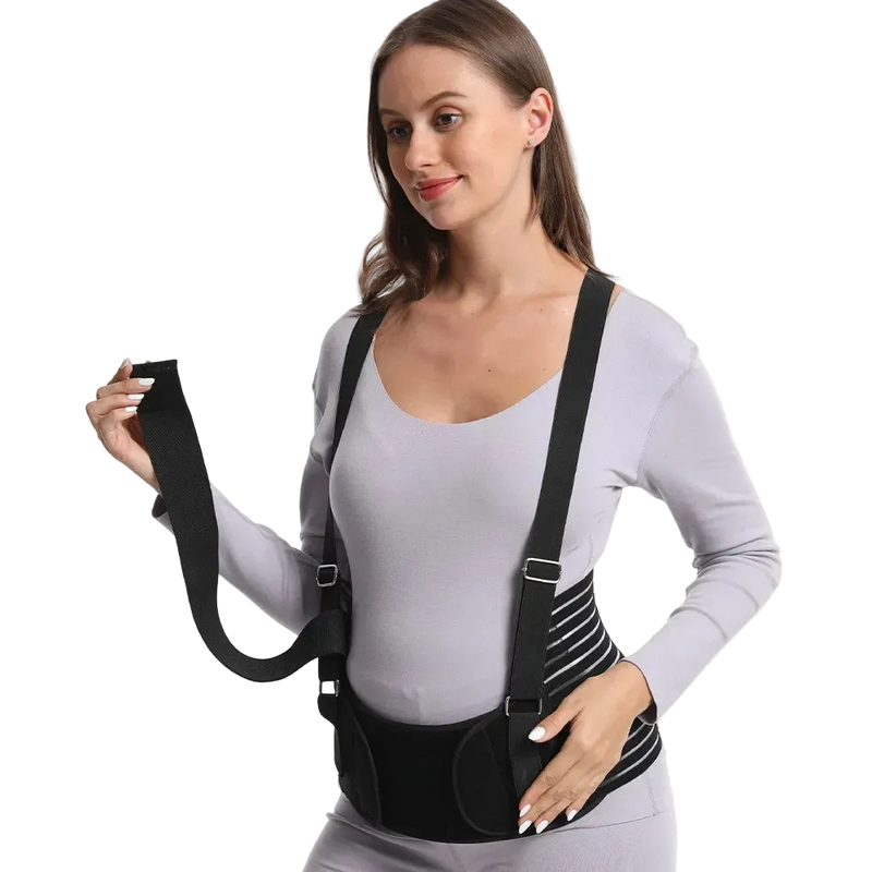 Woman wearing a black posture corrector on a white background