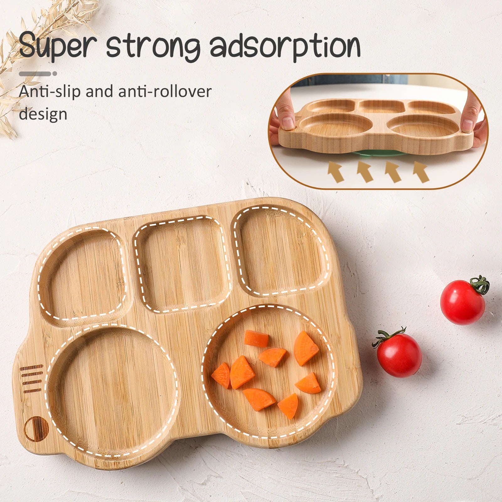 Wooden tray with compartments, carrots, and tomatoes on a light background