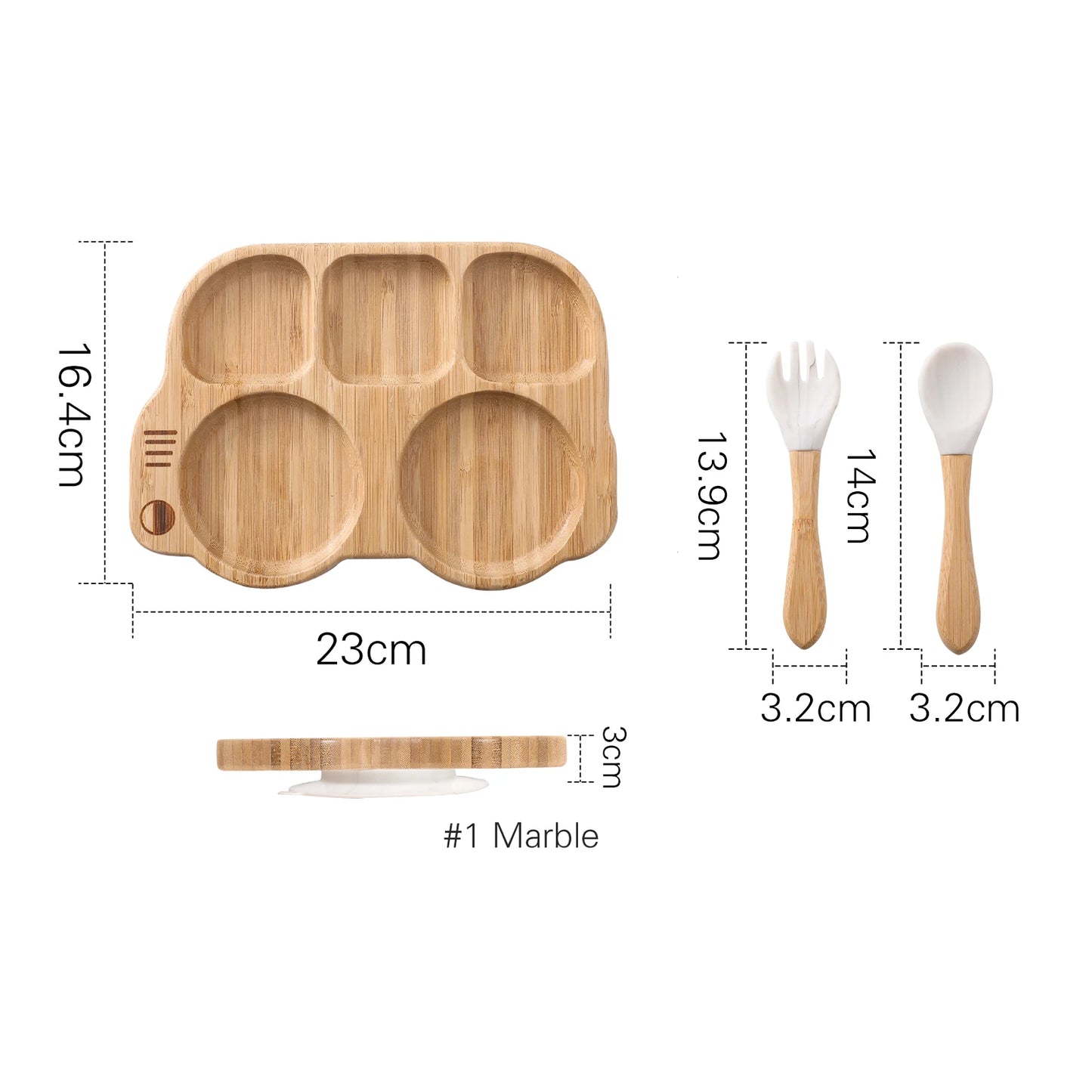 Wooden tray with dimensions, two wooden spoons with white ends, and a knife with dimensions on a white background.