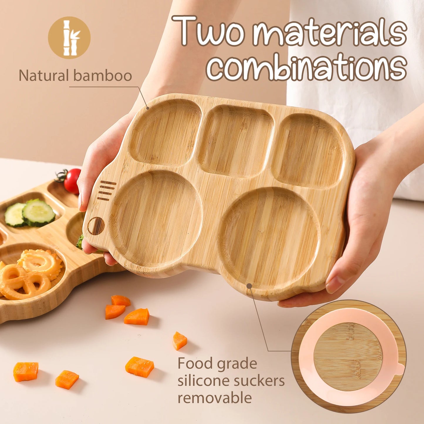 Wooden tray with silicone suction cups held by a hand, surrounded by food items on a neutral background.