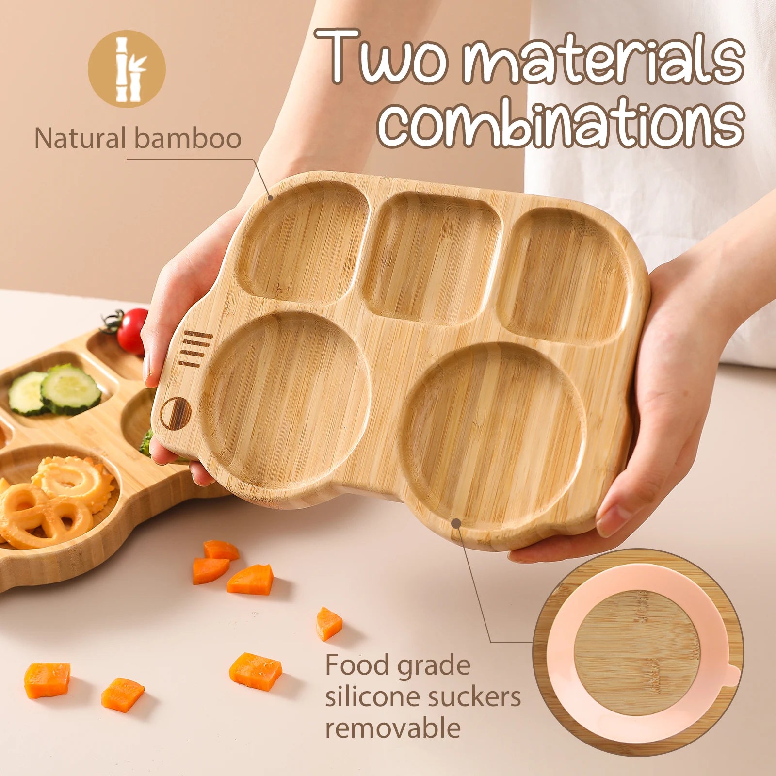 Wooden tray with silicone suction cups held by a hand, surrounded by food items on a neutral background.
