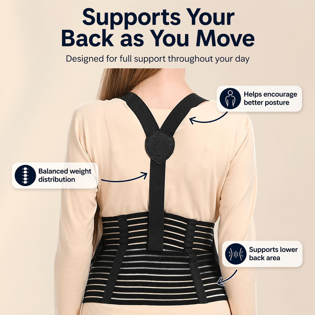 Product graphic of the Mama's Bump Advanced Support Pregnancy Band in beige, featuring adjustable shoulder straps for full upper back and belly stability.