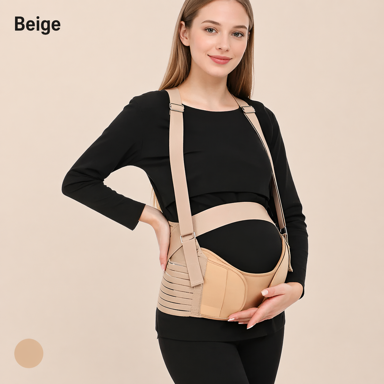 Product graphic of the Mama's Bump Advanced Support Pregnancy Band in black, showing the adjustable shoulder straps and structured back panel for prenatal posture support.