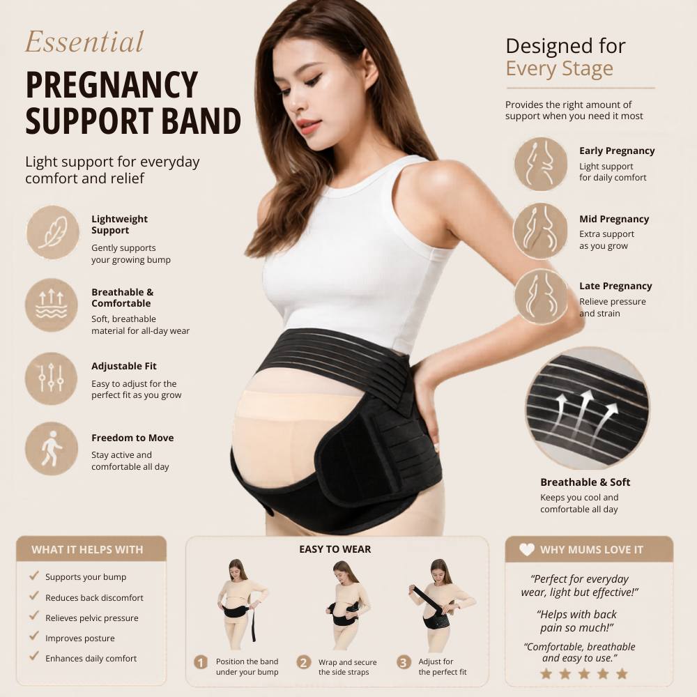 Product graphic of the Mama's Bump Essential Pregnancy Support Band in black, designed for lightweight daily lower back and abdominal support.
