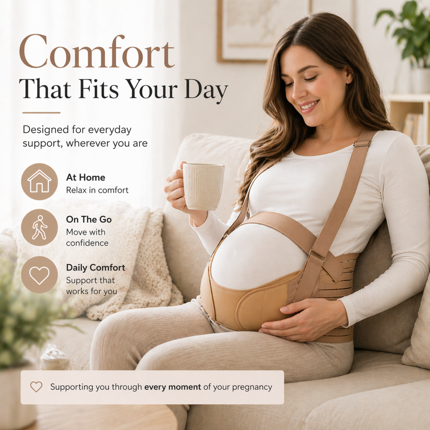 A product feature graphic showcasing a pregnant woman wearing a beige maternity support belt with overlay text highlighting its comfortable, breathable, and supportive premium materials.