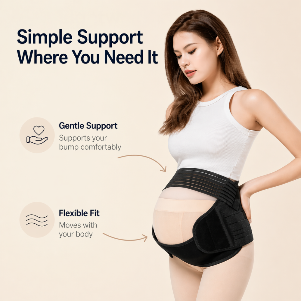 A product feature graphic showing a woman wearing a black maternity support belt while sitting on a couch, with text highlighting everyday comfort and flexible prenatal support.