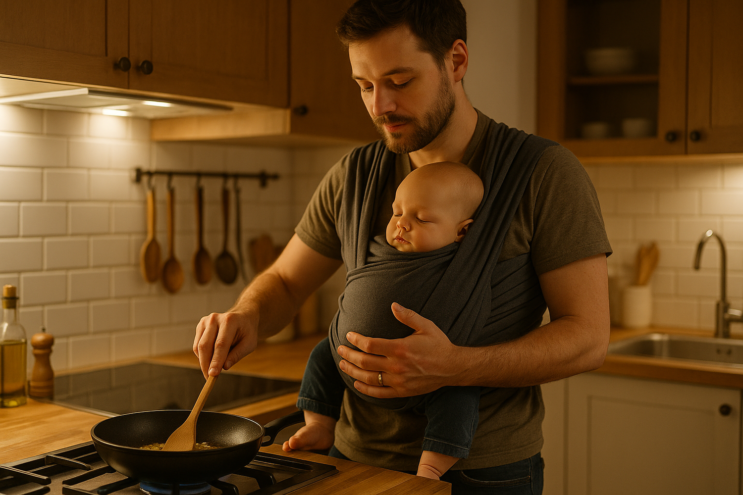 dad cooking while carrying baby in wrap