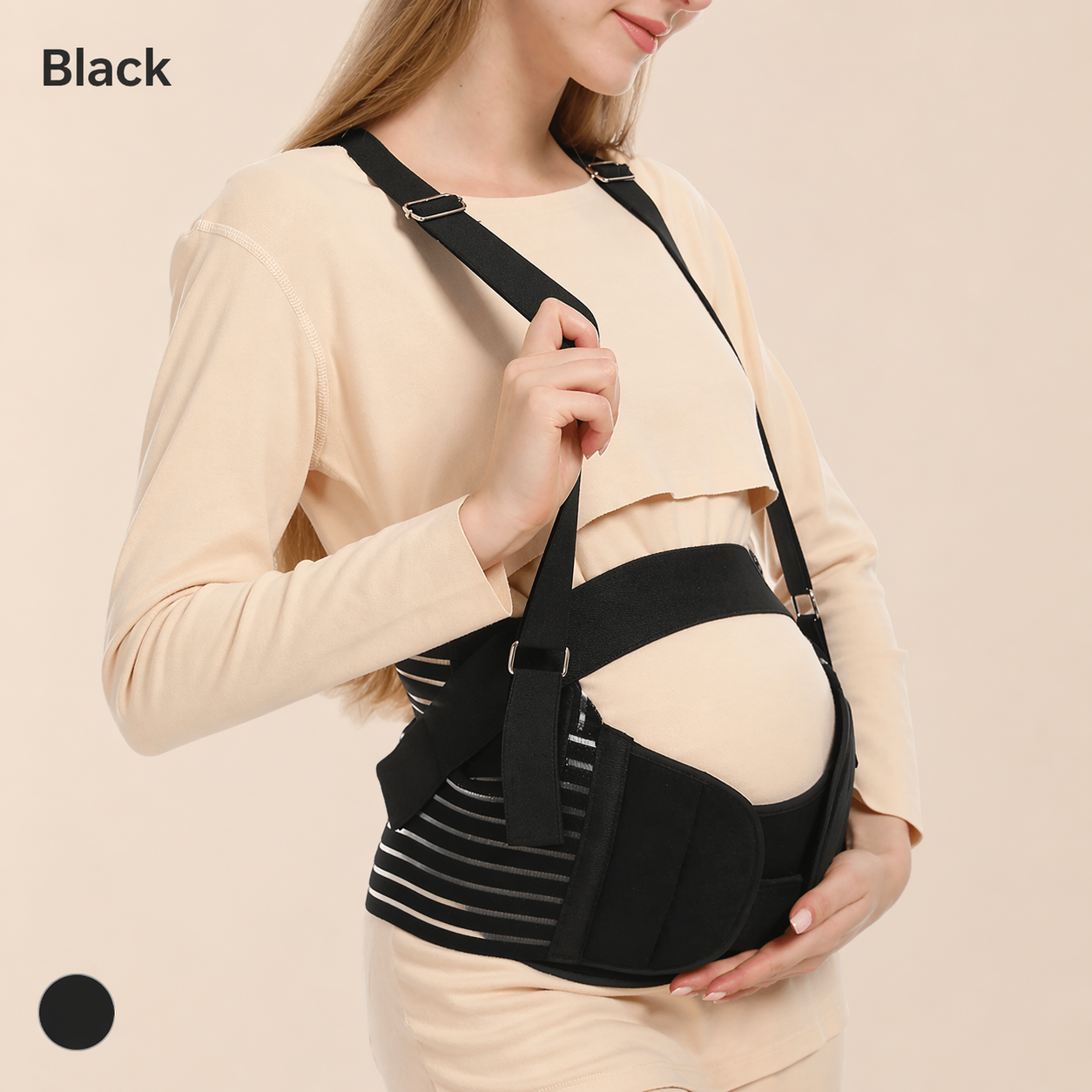 Product feature infographic for the Mama's Bump Essential Pregnancy Support Band, detailing its design benefits for lower back and abdominal support on a beige background.
