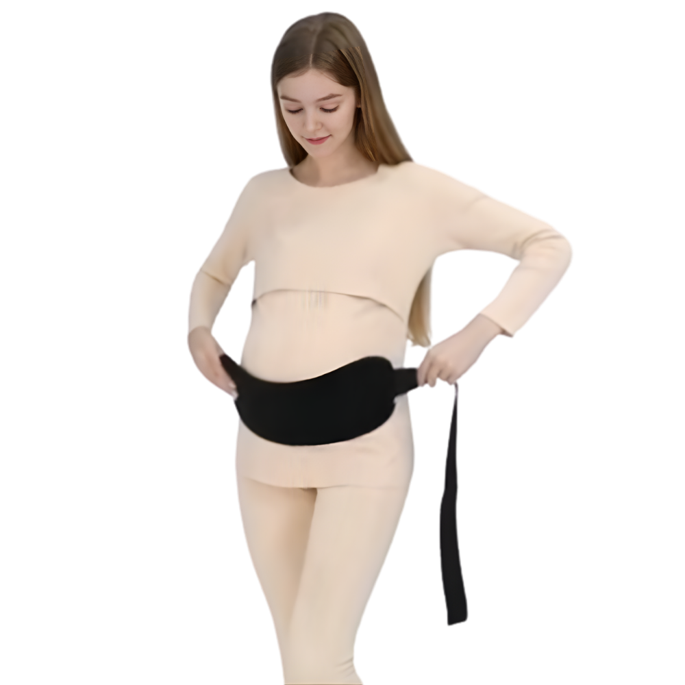 Instructional step 1 showing a pregnant woman wrapping the main lower belly band of the Mama's Bump maternity support belt around her waist.