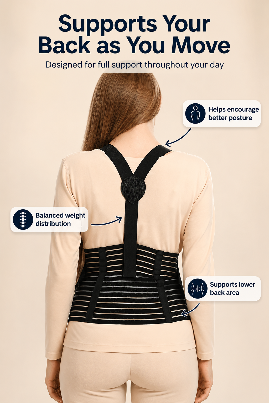 Infographic titled Supports Your Back as You Move, featuring the rear view of a pregnant woman wearing a black Mama's Bump Advanced Maternity Support Belt. Feature callouts highlight: Helps encourage better posture, Balanced weight distribution, and Supports lower back area.