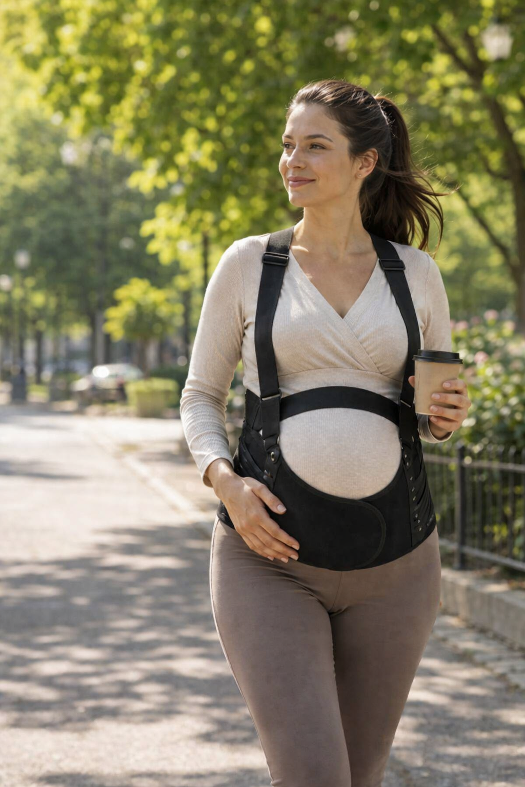 A smiling pregnant woman walking outdoors through a tree-lined path while holding a coffee cup and wearing a black Mama's Bump Advanced Maternity Support Belt with adjustable shoulder straps.