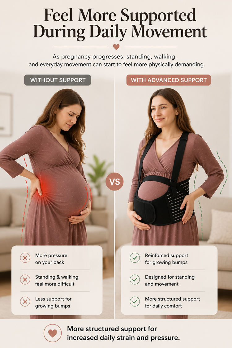 Portrait infographic titled Feel More Supported During Daily Movement, comparing a pregnant woman experiencing lower back strain and pressure without support versus standing comfortably in a brown dress while wearing a black Mama's Bump Advanced Support Band with a shoulder strap.