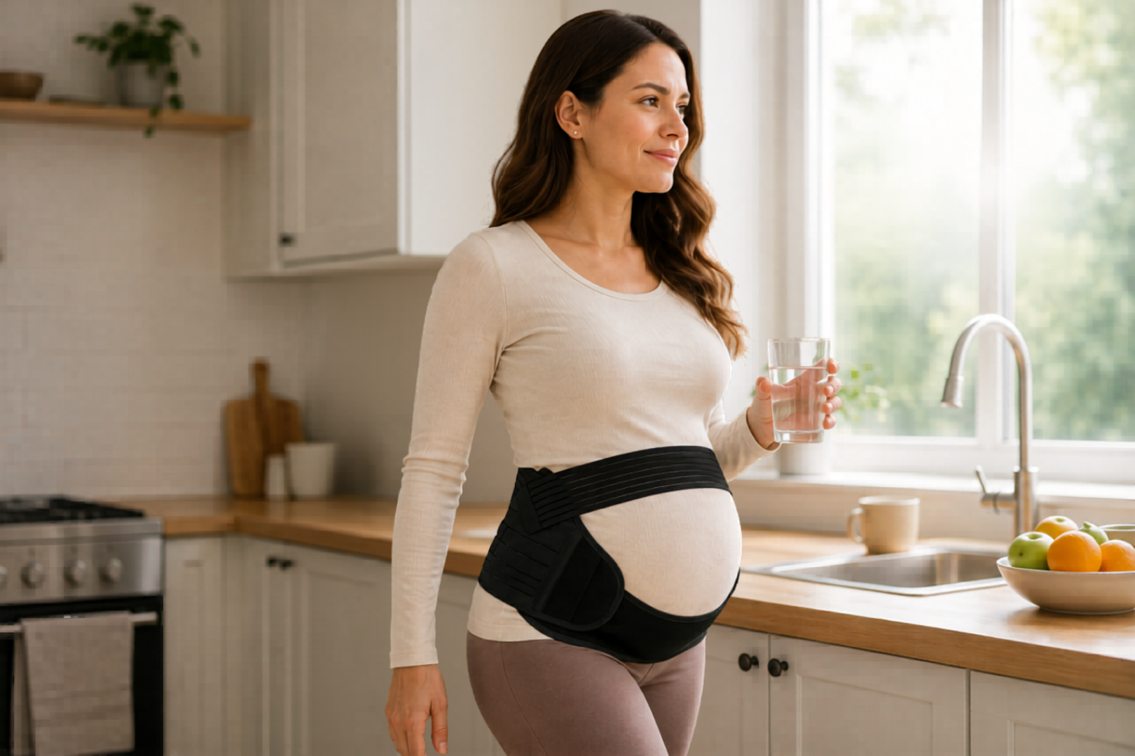 A smiling pregnant woman standing in a bright kitchen by the sink, holding a glass of water while wearing a black Mama's Bump Essential Maternity Support Band.