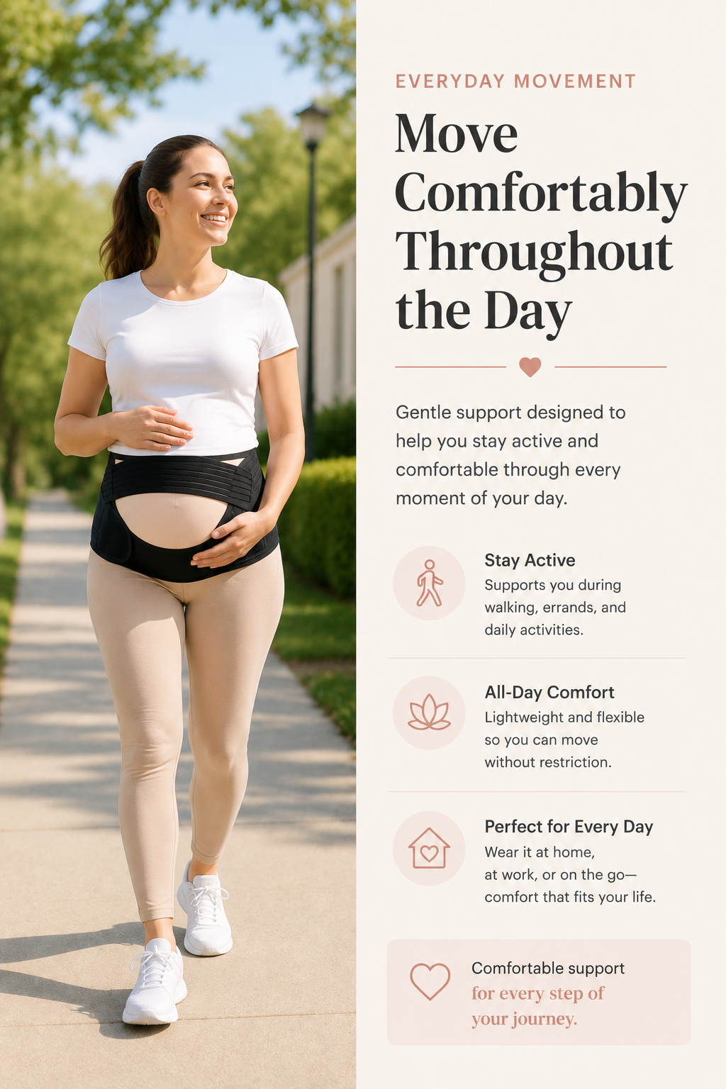 Infographic titled Move Comfortably Throughout the Day, featuring a pregnant woman walking outside in a black Mama's Bump Essential Support Band. Highlights include: Stay Active during daily activities, All-Day Comfort with lightweight fabric, and Perfect for Every Day wear.