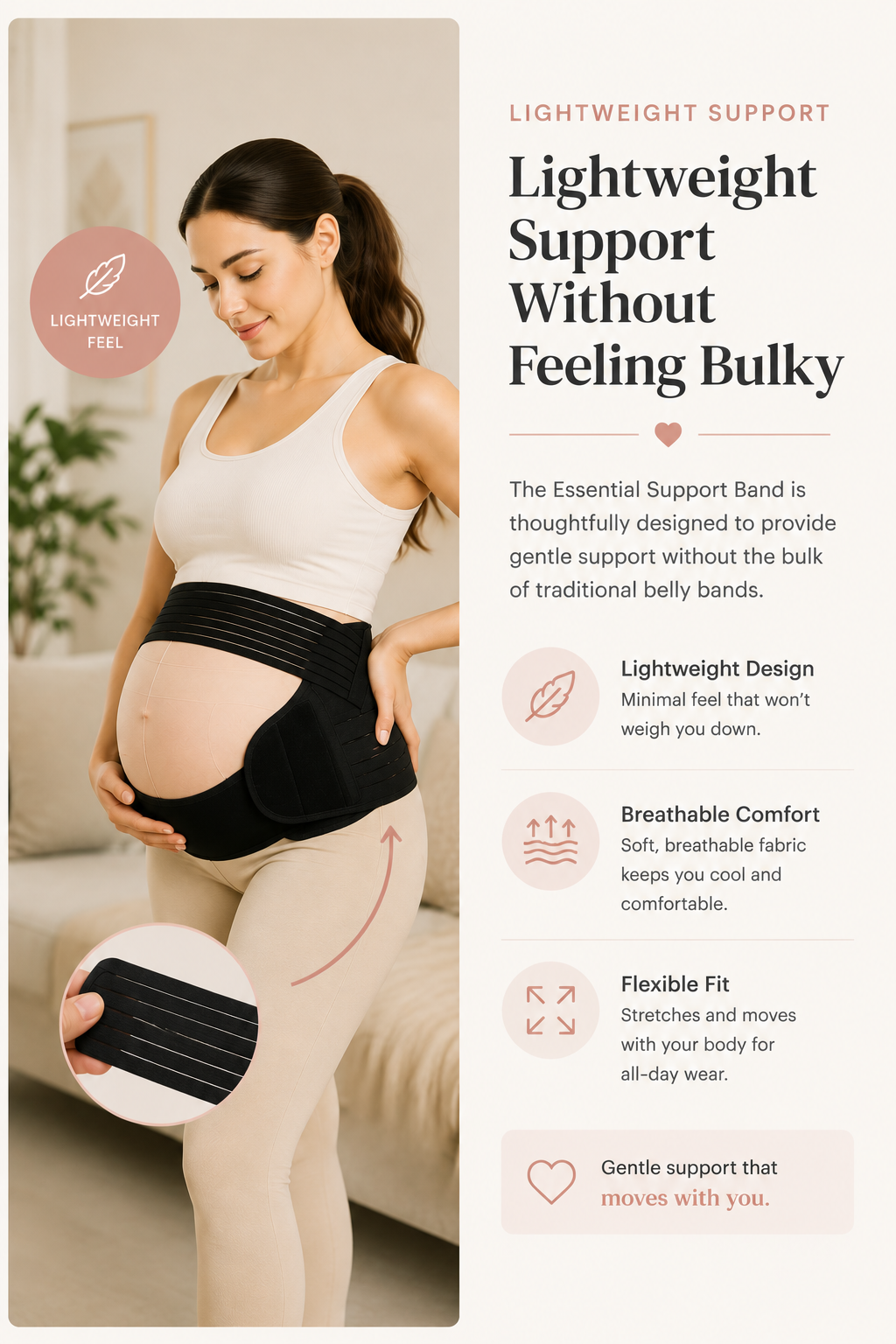 Infographic titled Lightweight Support Without Feeling Bulky, featuring a pregnant woman wearing a black Mama's Bump Essential Support Band. Highlights include a lightweight design, breathable comfort, a flexible fit, and a soft feel.