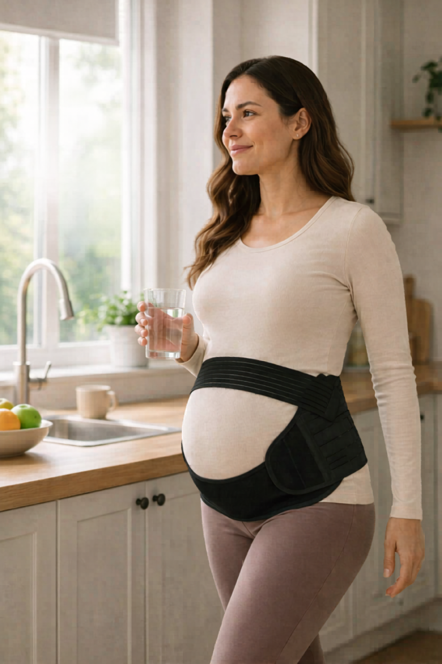 A pregnant woman looking out the kitchen window with a smile while comfortably wearing a black Mama's Bump maternity support belt.