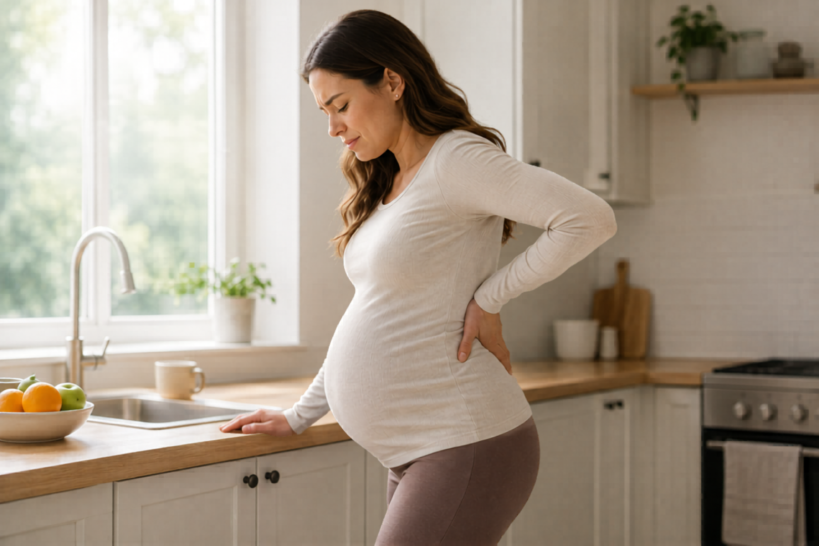 A smiling, heavily pregnant woman standing comfortably and holding her baby bump while wearing a black Mama's Bump maternity support belt.